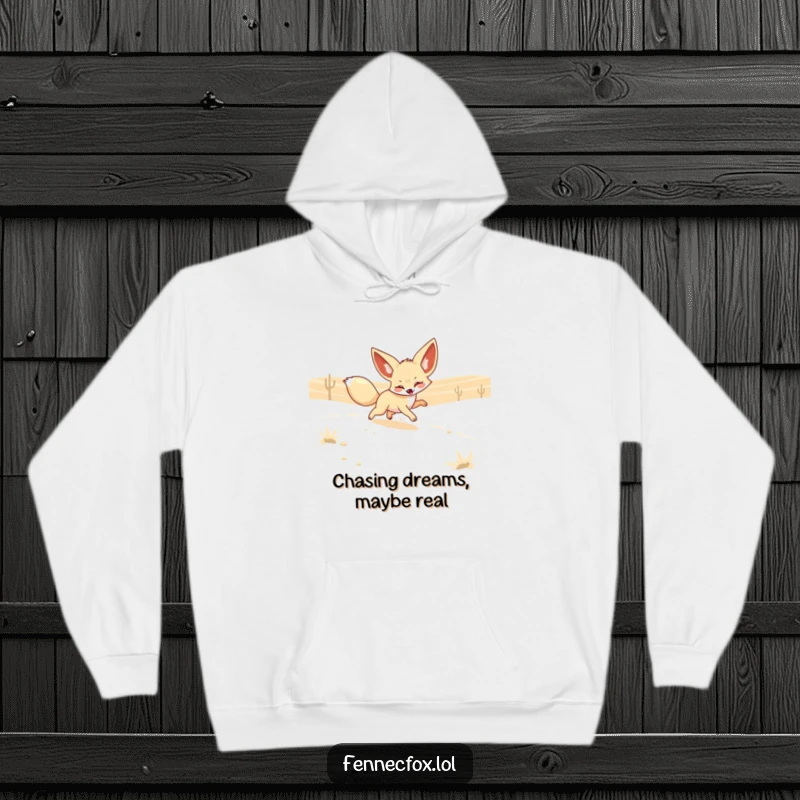 Funny Fennec Fox Hoodie showing a playful fox with oversized ears chasing a shimmering desert mirage. Cozy and humorous apparel.