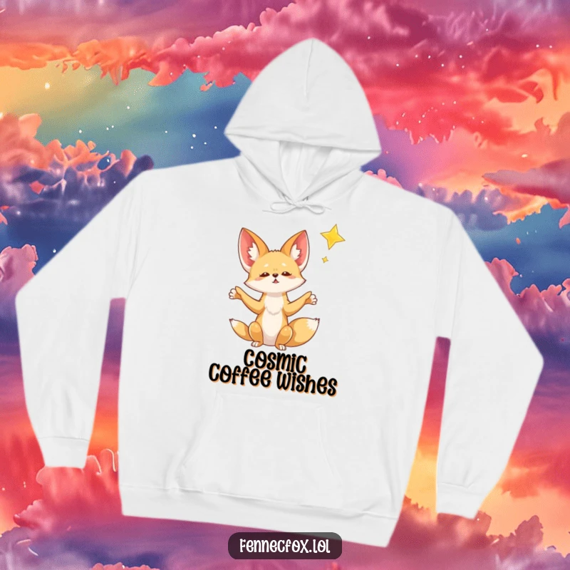 Funny Fennec Fox Hoodie: A fennec fox with outstretched paws reaches for a falling star, creating a cozy and magical humorous scene.