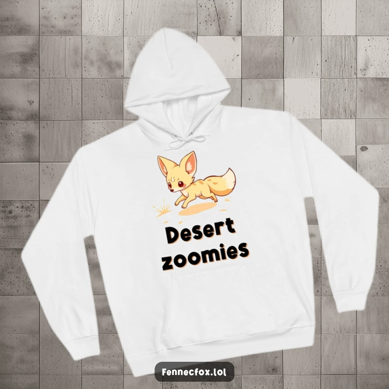Funny hoodie depicting a fennec fox character scampering across a sandy desert, offering warmth and a touch of whimsical desert charm.