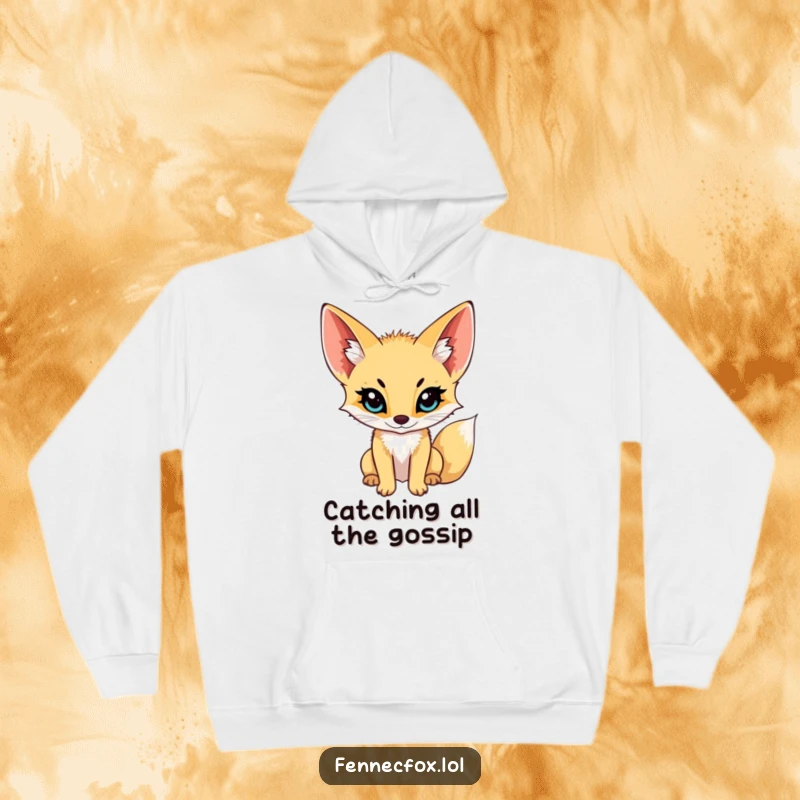 Funny fennec fox hoodie, warm and soft, with ears perked high, as if listening to the faintest whisper, embodying attentive calm.
