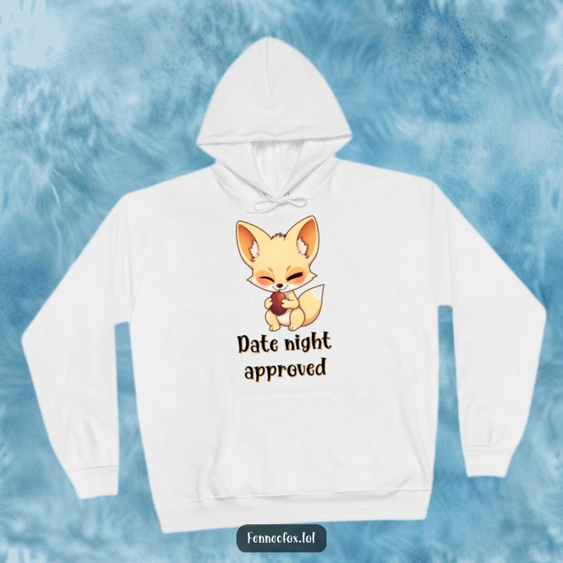 Funny fennec fox hoodie, soft and warm, winking with a date in its paw, embodying a cool, confident desert vibe.