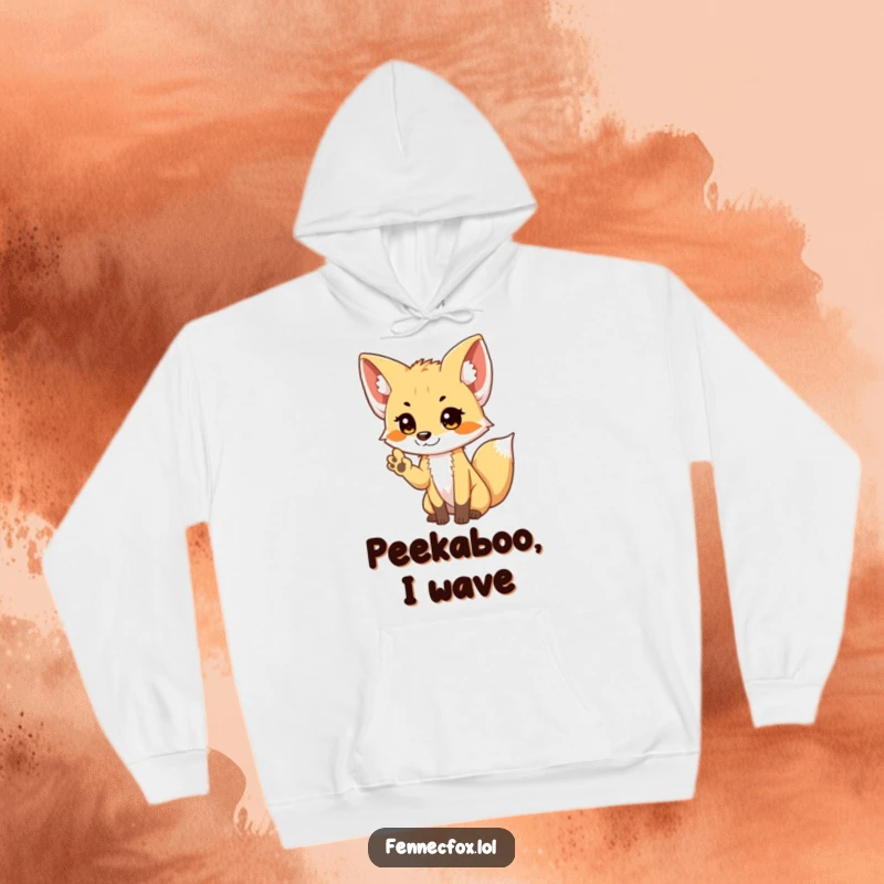 Funny shy Fennec Fox hoodie featuring a cute fox offering a small, bashful wave, perfect for cozy wear.