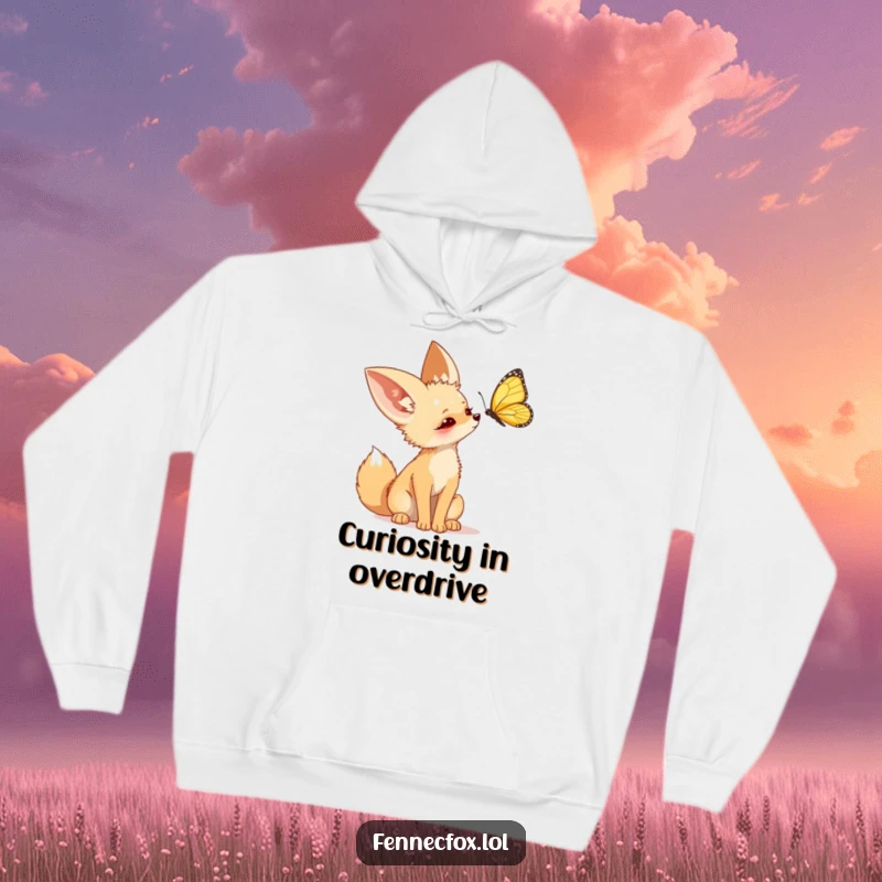 Funny Fennec Fox Hoodie, a cozy sweatshirt with a cute desert fox peering curiously at a fluttering butterfly.