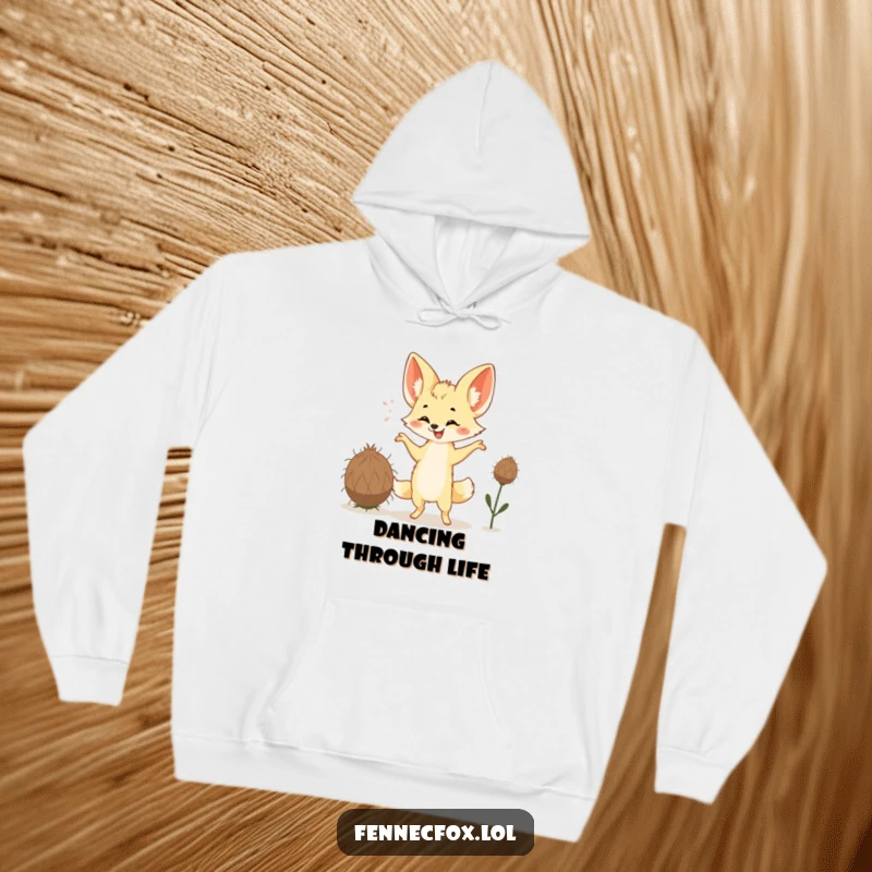 Funny Fennec Fox Hoodie showing a happy fox with oversized ears doing a silly dance with a tumbleweed. Cozy and humorous.