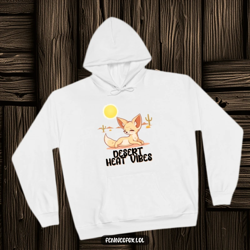 Funny hoodie showing a fennec fox stretching luxuriously under a bright desert sun, perfect for cozy relaxation.