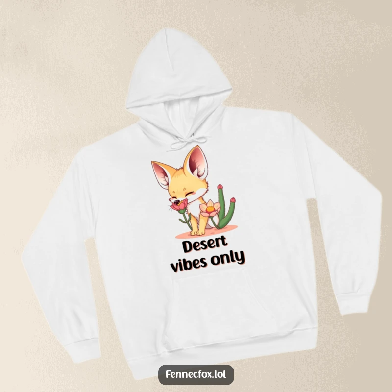 Funny Hoodie with a fennec fox excitedly sniffing a desert flower, offering cozy comfort and adorable desert-themed humor.