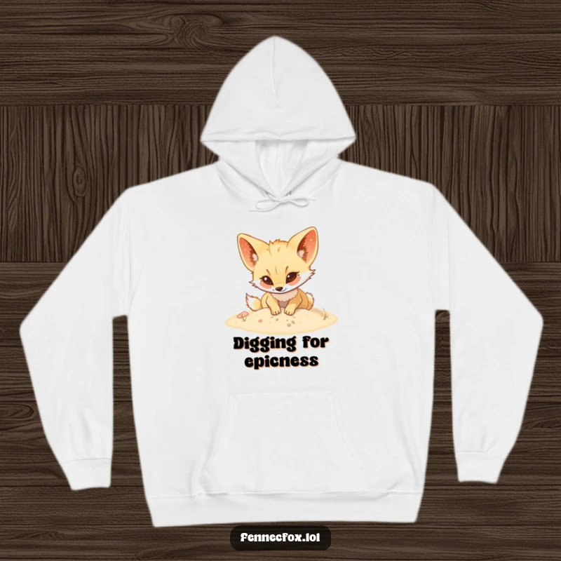 Funny Fennec fox hoodie showing a character with ears perked, happily digging in the sand with a joyful expression.