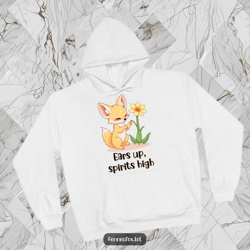 Funny fennec fox hoodie, cozy vibe, playfully reaching for a floating desert flower, capturing a sweet and whimsical moment of nature.