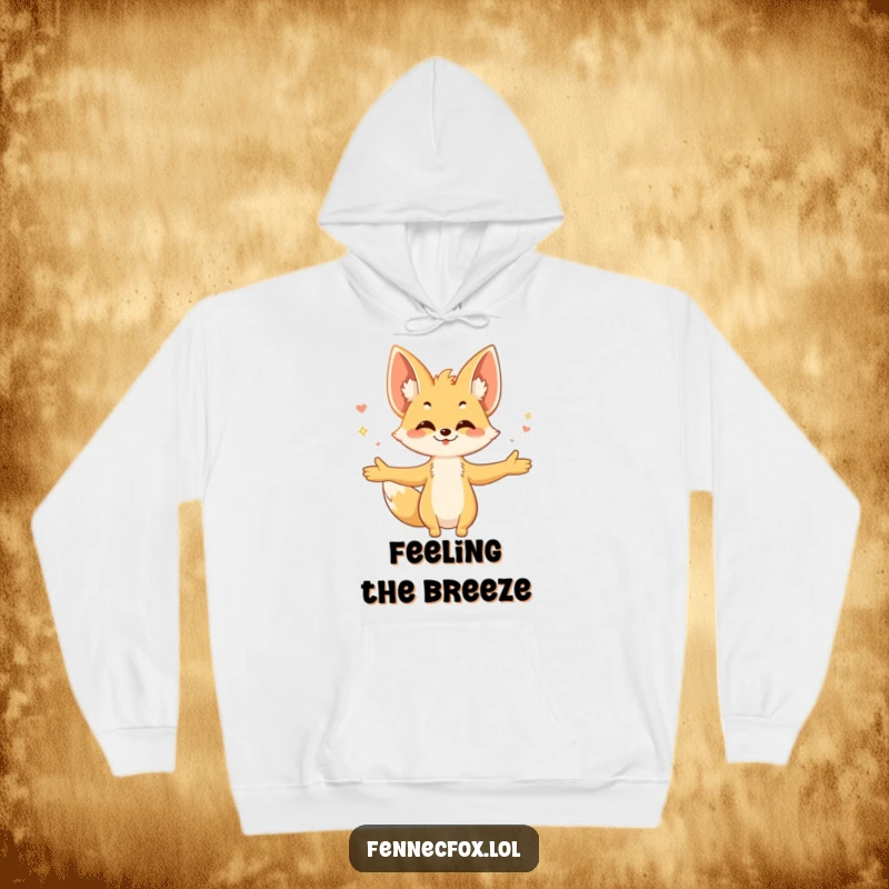 Funny fennec fox hoodie, character with arms outstretched, embracing a warm breeze, large ears slightly tilted, conveying contentment.