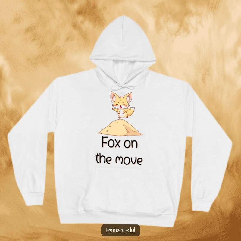 Funny hoodie featuring a fennec fox leaping energetically over a sand dune, embodying desert fun and warmth.