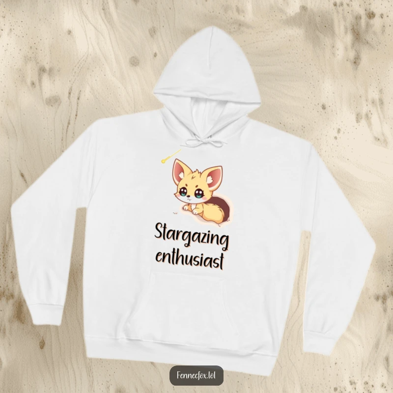 Funny Fennec Fox Hoodie: An excited fennec fox emerges from its burrow, its eyes wide with amazement at a celestial comet.