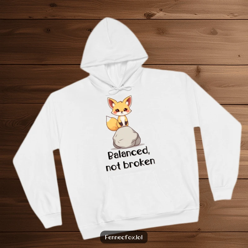 Funny fennec fox hoodie, character with determined focus, balancing a smooth rock on its head, large ears indicating concentration.