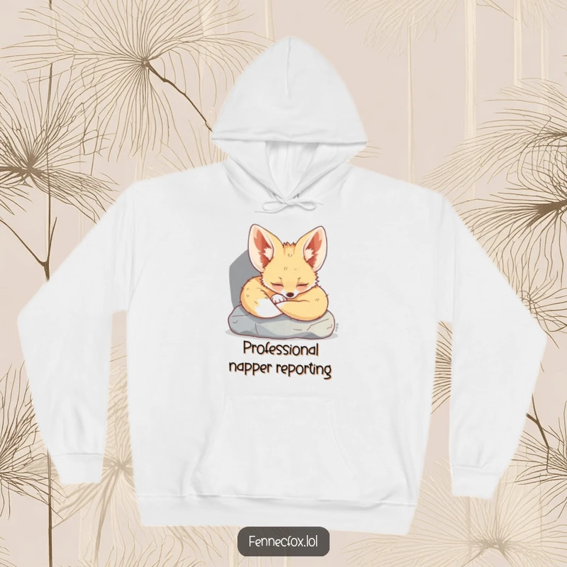 Funny Fennec Fox Hoodie: A delightful depiction of a tiny fennec fox curled up for a peaceful nap under a rock.