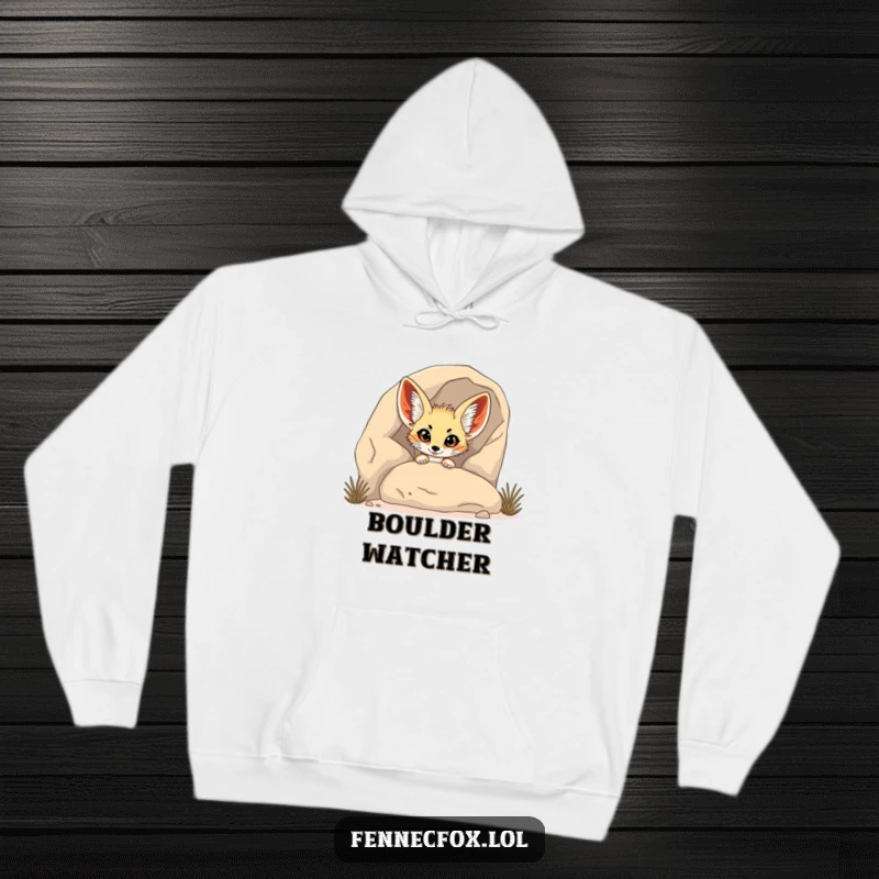 Funny Fennec Fox Hoodie: A fennec fox humorously peeks from behind a rock with wide eyes, full of innocent fun.