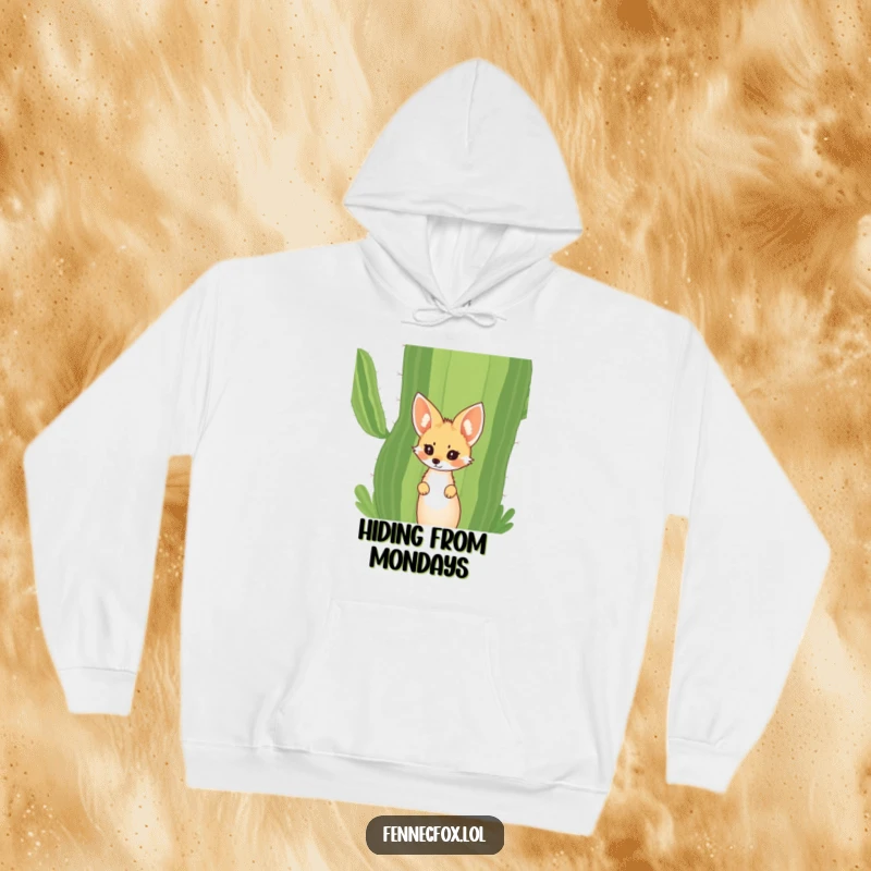 Funny Fennec Fox Hoodie showing a curious fox with oversized ears peeking from behind a giant cactus. Warm, soft, and funny.