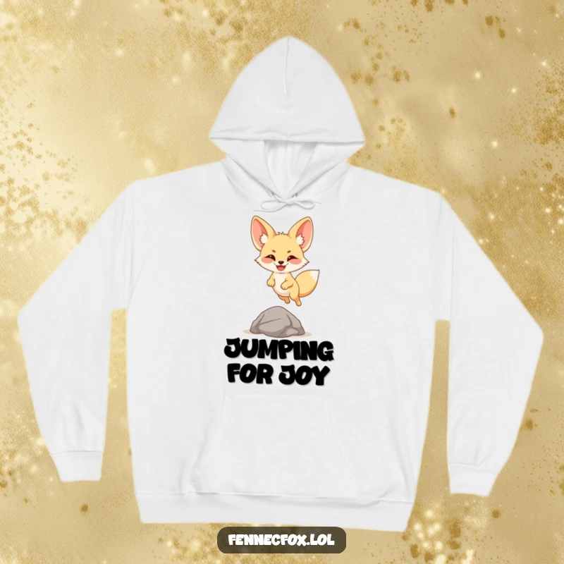 Funny fennec fox hoodie showing a cartoon desert fox with a huge smile leaping energetically over a small rock. Joyful and warm.