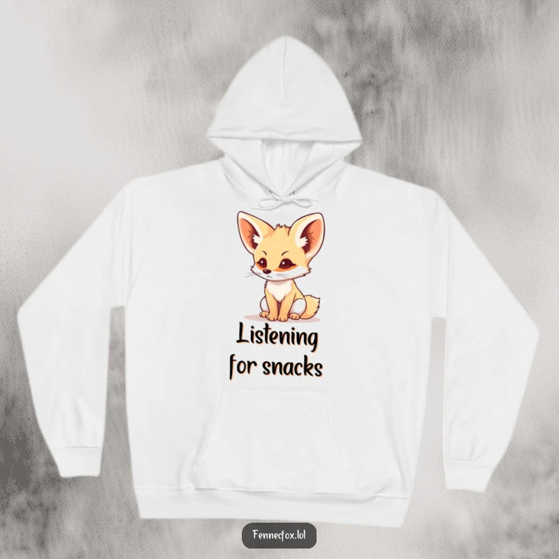 Funny fennec fox with ears perked, listening intently, on a cozy hoodie, offering warmth and a humorous design.