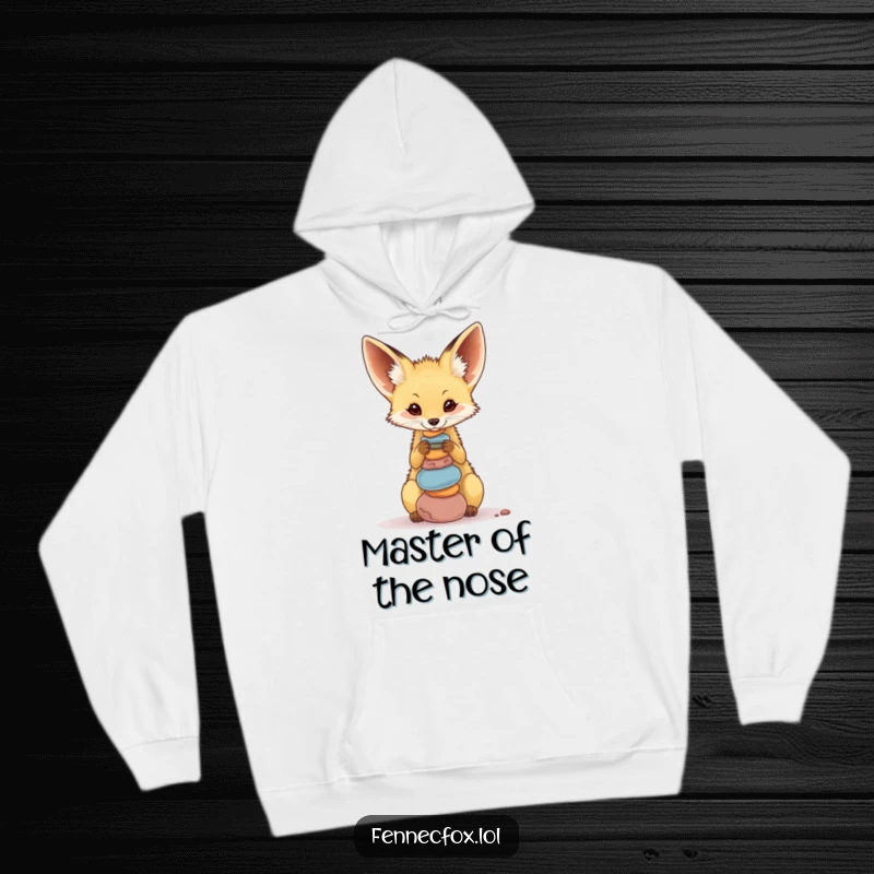 Funny Fennec Fox Hoodie, a charming desert fox concentrating hard while balancing a small stack of colorful pebbles on its nose.