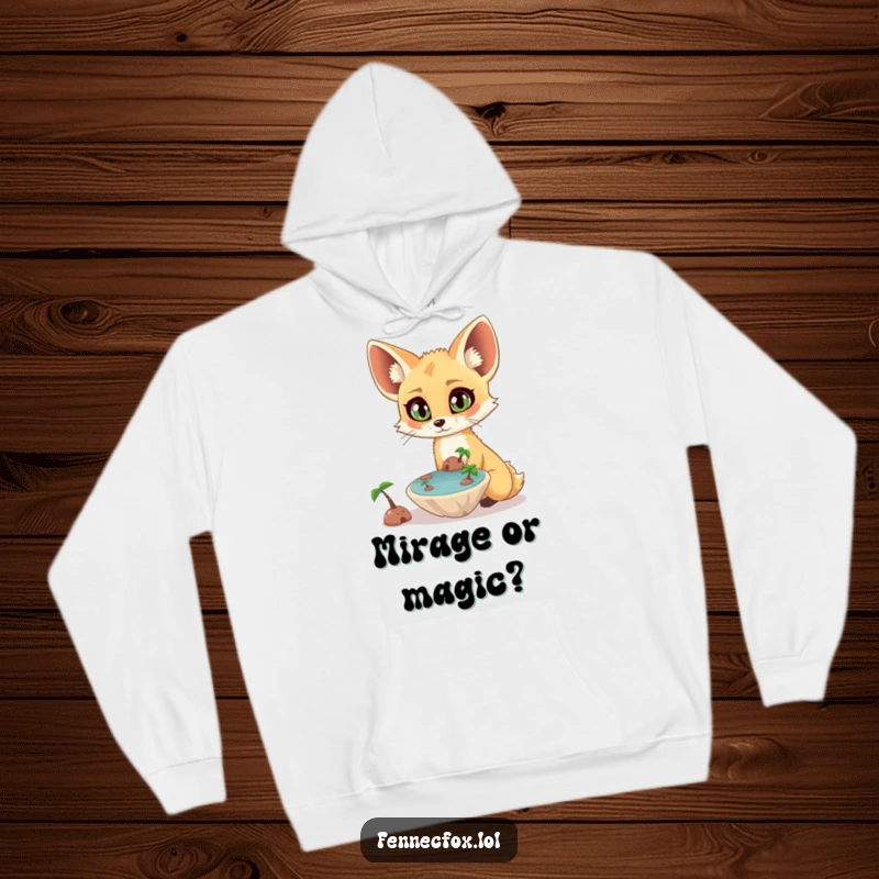 Funny surprised fennec fox with wide eyes observing a tiny, floating oasis, depicted on a warm and cozy hoodie. A humorous and enchanting choice.