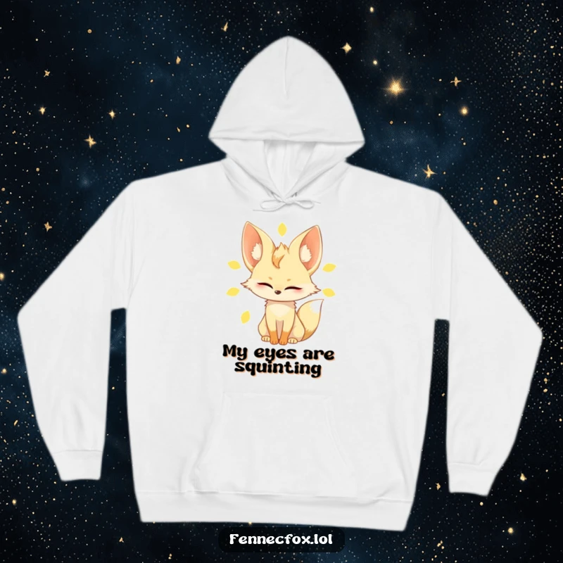 Funny fennec fox hoodie, depicting a character slowly blinking in the dazzling sunlight, with its large ears prominent and a relaxed demeanor.