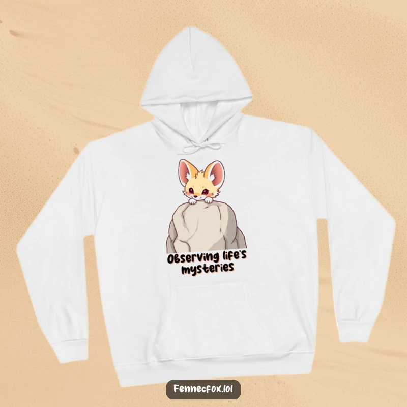 Funny Fennec fox hoodie showcasing a character peeking over a large rock, with an expression of playful intrigue and wonder.