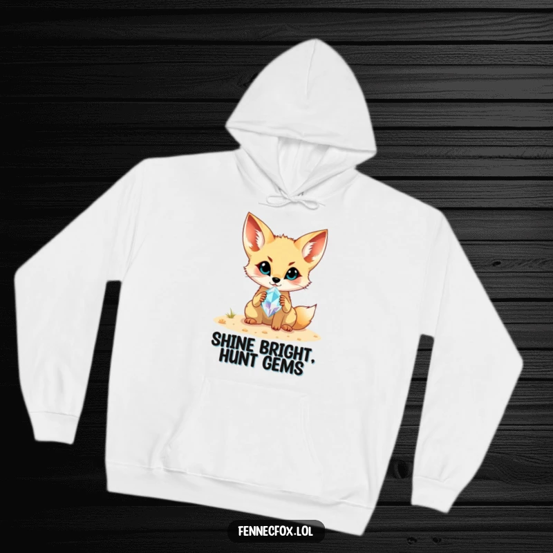 Funny Fennec Fox Hoodie: A vibrant depiction of a fennec fox holding a lustrous gemstone found while digging in the sand.