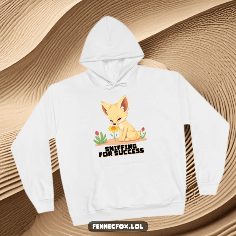 Funny Fennec Fox Hoodie: A warm and soft pullover featuring a fennec fox exploring a tiny desert flower, perfect for chilly days.