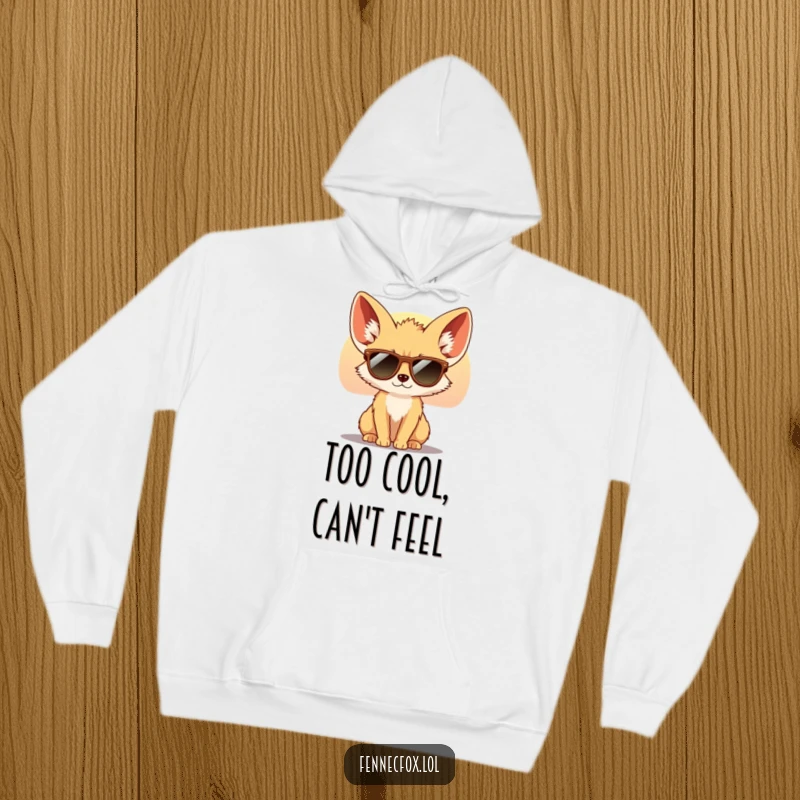 Funny Fennec Fox Hoodie showing a cool fox with oversized ears wearing tiny sunglasses, looking at a desert sunset. Cozy and stylish.