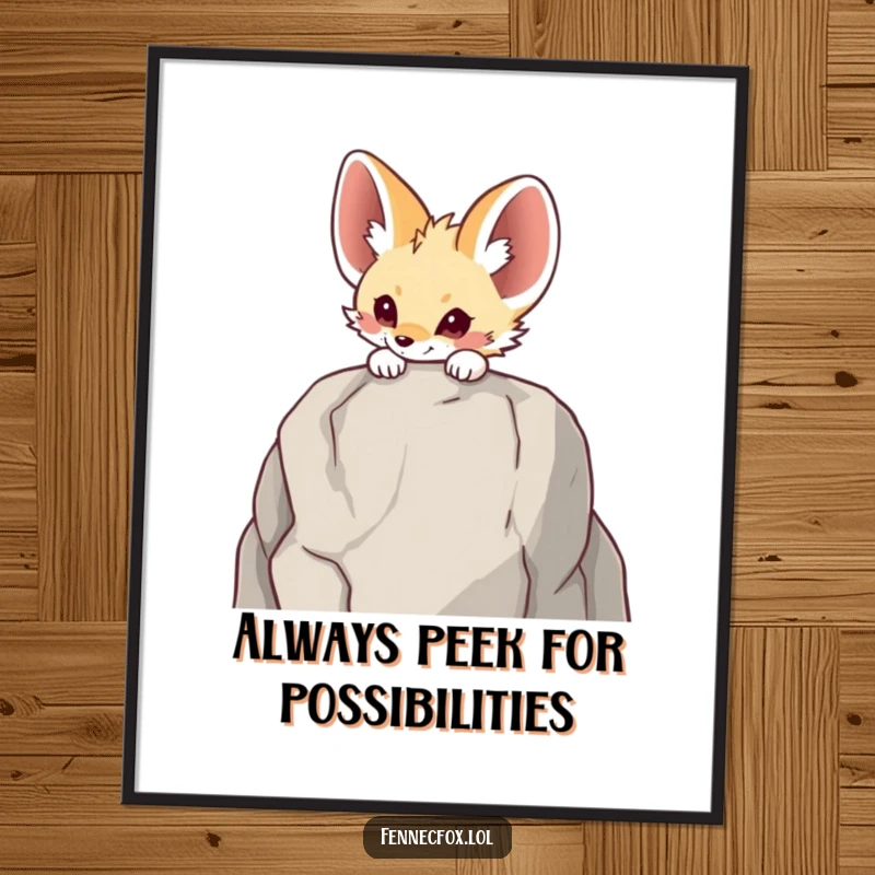 Funny Free Printable wall art of a fennec fox curiously peeking over a large rock, evoking desert mystery.