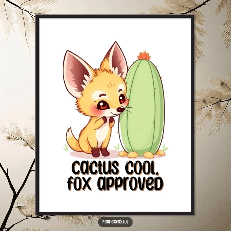 Funny Free Printable Wall Art: A curious fennec fox happily sniffing a large, whimsical cactus with a cheerful expression.