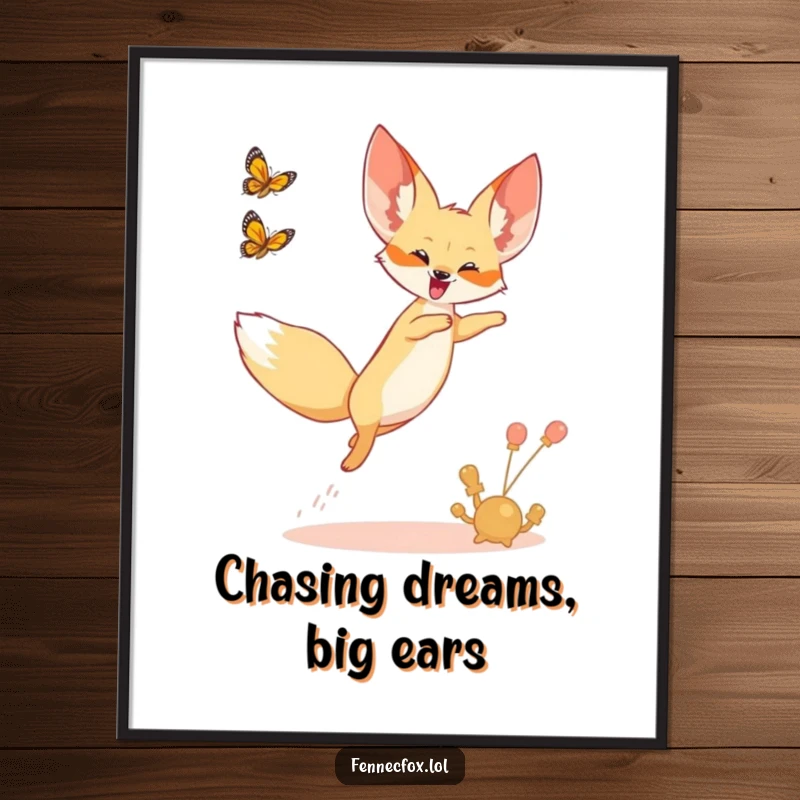 Funny Free Printable Wall Art: A fennec fox joyfully leaping in the air, chasing a butterfly, adding a humorous and dynamic touch to decor.