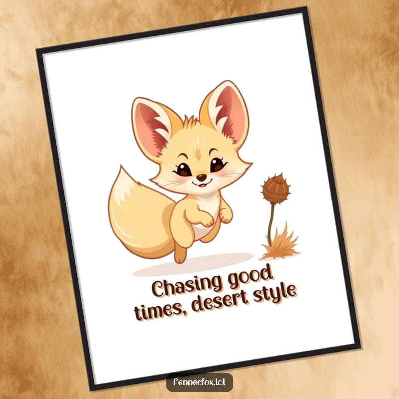 Funny free printable wall art of a fennec fox with a tiny smile joyfully chasing a tumbleweed in a sandy landscape.