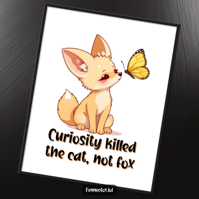 Funny Free Printable Wall Art: Fennec fox tilting its head curiously, focused on a beautiful butterfly flying past.