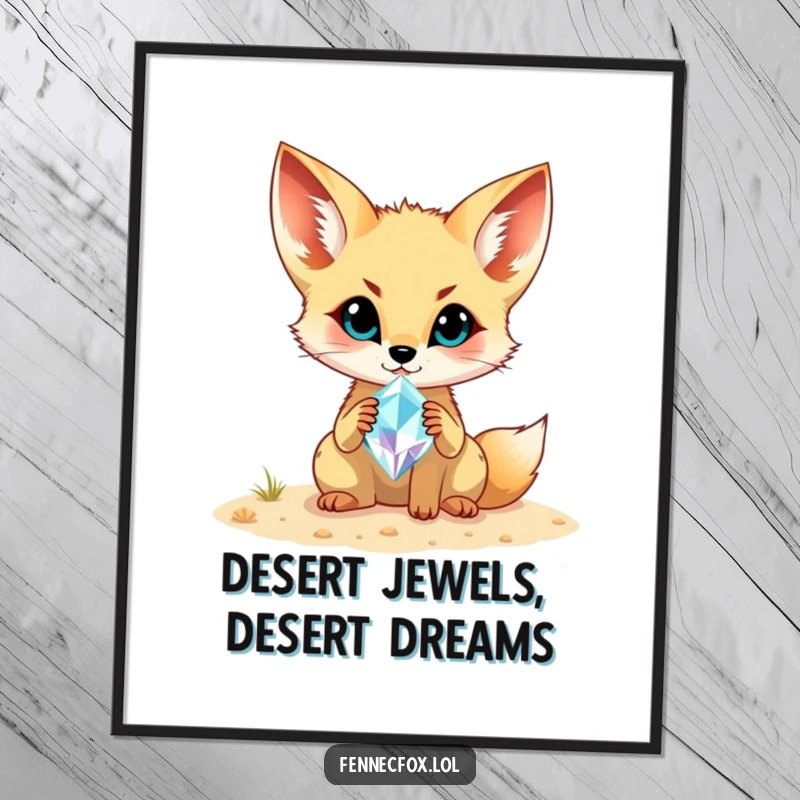 Funny Free Printable Wall Art: A fennec fox excitedly displays a glistening desert gemstone it found sparkling in the sand.