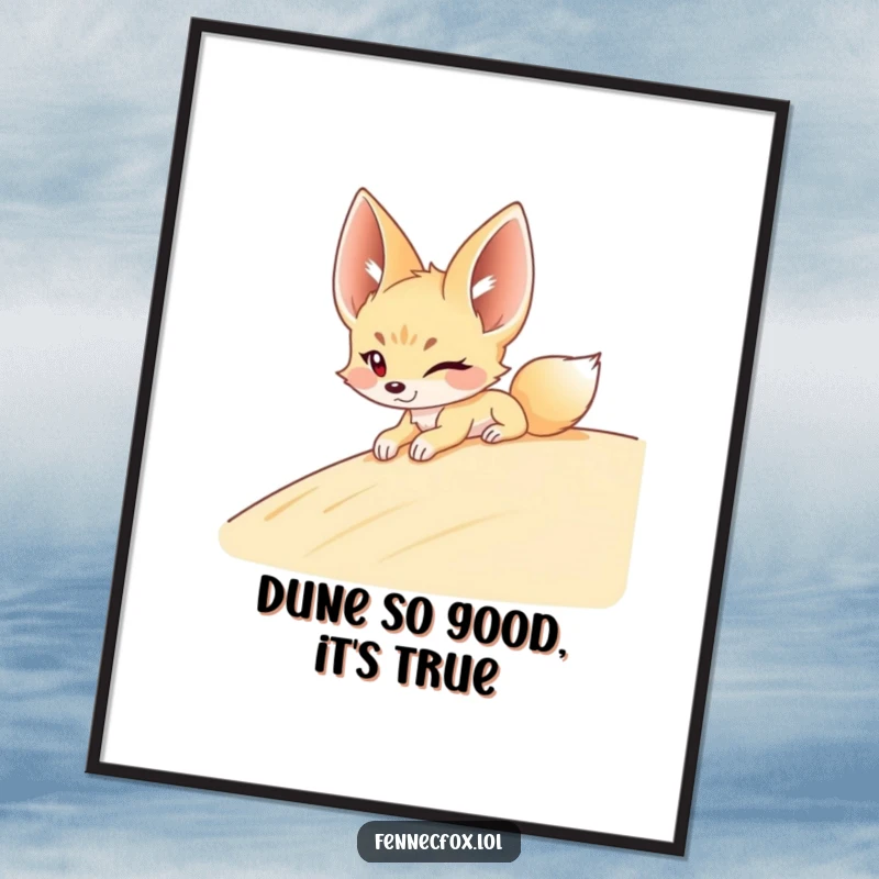 Funny free printable wall art of a fennec fox winking as it slides down a sandy desert dune with a playful attitude.