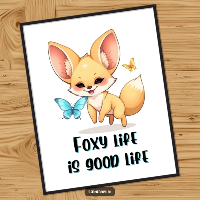 Funny Free Printable Wall Art featuring a kawaii fennec fox with massive ears joyfully chasing a dazzling butterfly in a whimsical scene.