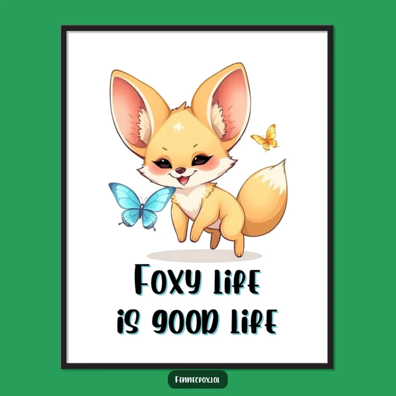 Free Printable Wall Art: Kawaii Fennec Fox Butterfly Chase, Funny Downloadable Decor