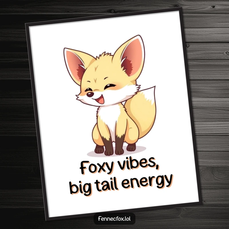 Funny Free Printable Wall Art: A fennec fox with an ecstatic, wagging bushy tail, radiating pure joy and charm.