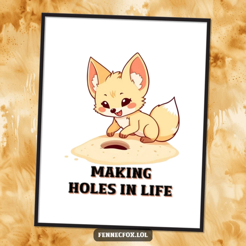 Funny Free Printable Wall Art: An energetic fennec fox with giant ears excitedly digging a small hole in cartoonish desert sand.