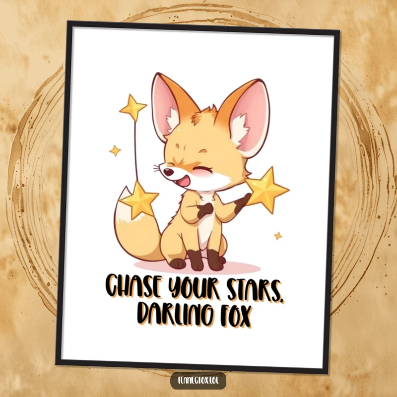 Funny Free Printable Wall Art of a giggling fennec fox playfully batting at a sparkling desert star, evoking whimsical wonder.