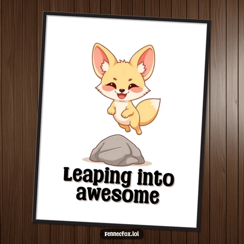 Funny Free Printable Wall Art: A smiling fennec fox with oversized ears leaping gleefully over a small rock in a desert setting.