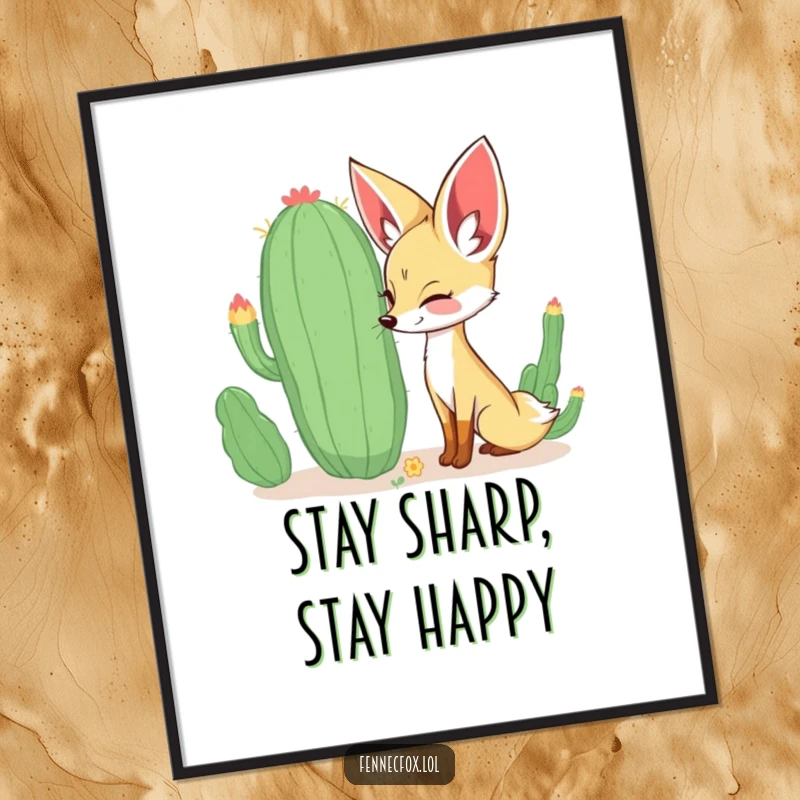 Funny Free Printable Wall Art of a curious fennec fox happily sniffing a large, whimsical cactus with a big smile.