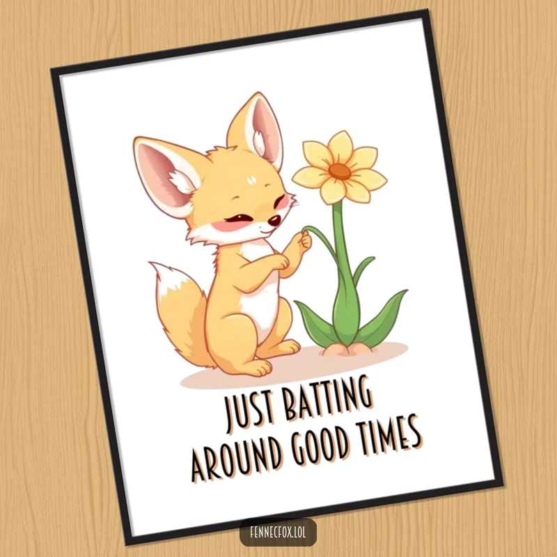 Funny Free Printable Wall Art: A fennec fox joyfully batting a floating desert flower, bringing a playful spirit to any room. Downloadable.