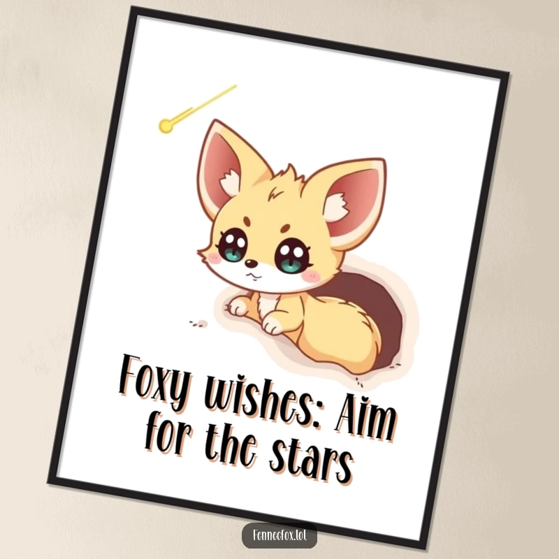 Funny Free Printable Wall Art: Fennec fox peeking from its burrow, eyes wide with excitement at a dazzling passing comet.