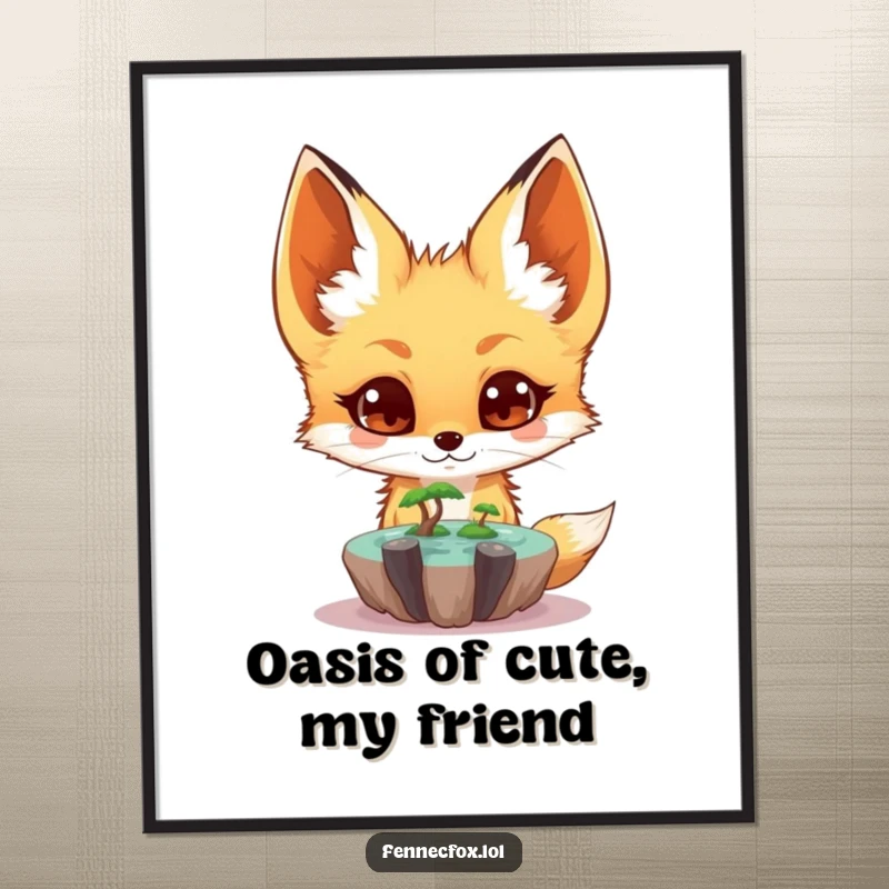 Funny Free Printable Wall Art: A surprised fennec fox with wide eyes observing a tiny, magical floating oasis.