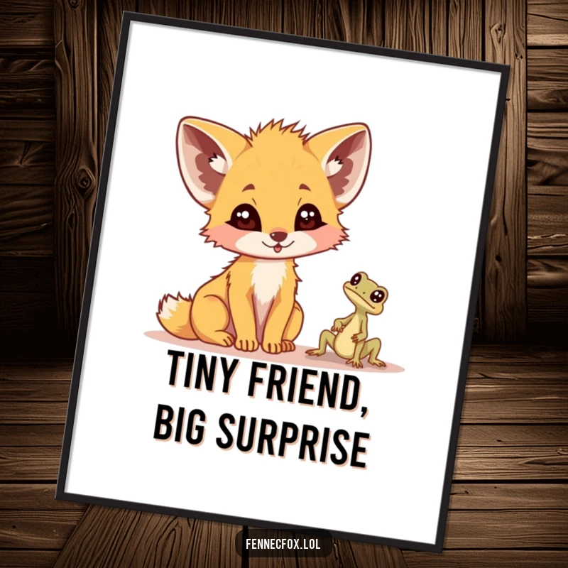 Funny Free Printable Wall Art: A fennec fox comically surprised by a tiny desert lizard, adding a unique and humorous element. Downloadable.