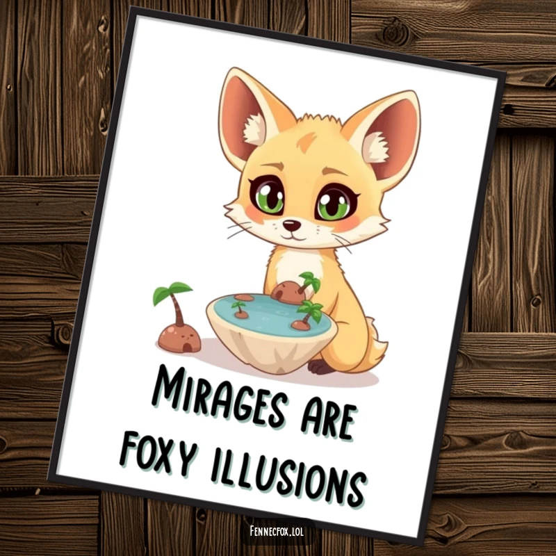 Funny Free Printable Wall Art of a surprised fennec fox with huge eyes staring at a tiny, magically floating oasis.