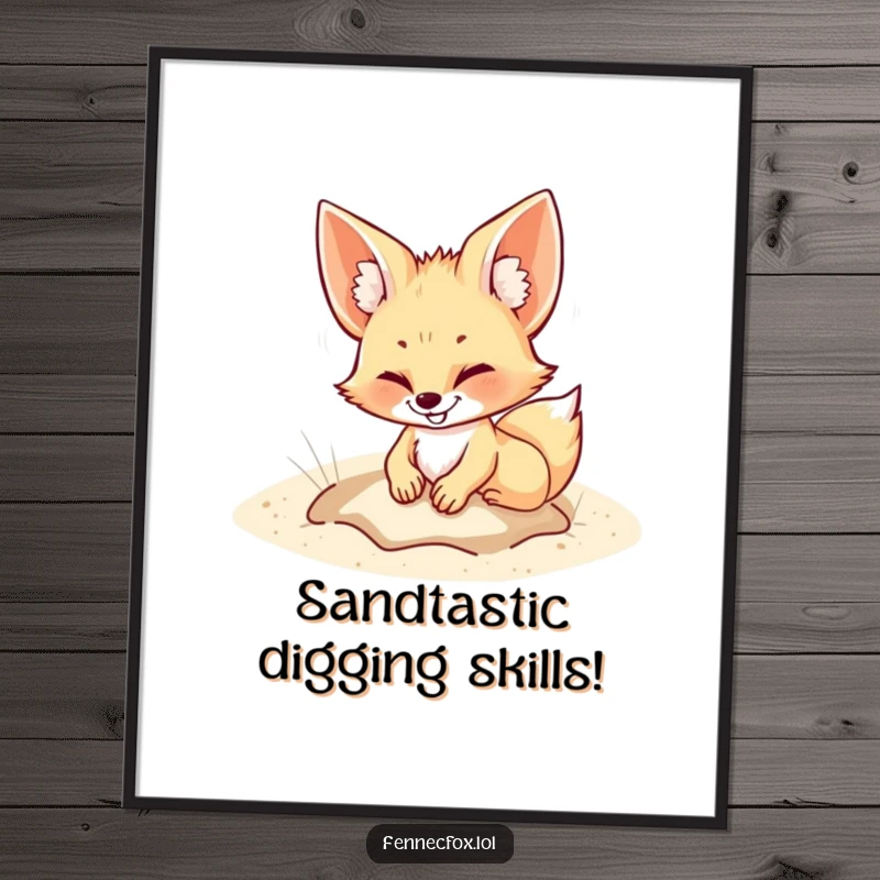 Funny Free Printable Wall Art of a fennec fox digging a hole in the sand with a wide grin, a humorous decor piece.