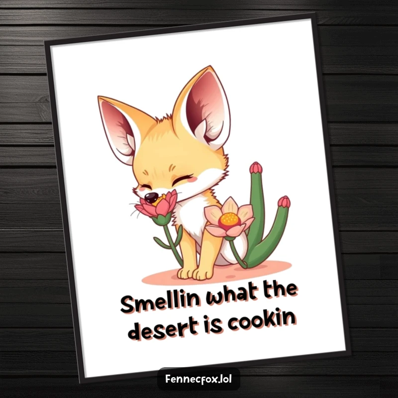 Funny Free Printable Wall Art of a fennec fox excitedly sniffing a vibrant desert flower, a humorous and unique decor piece.