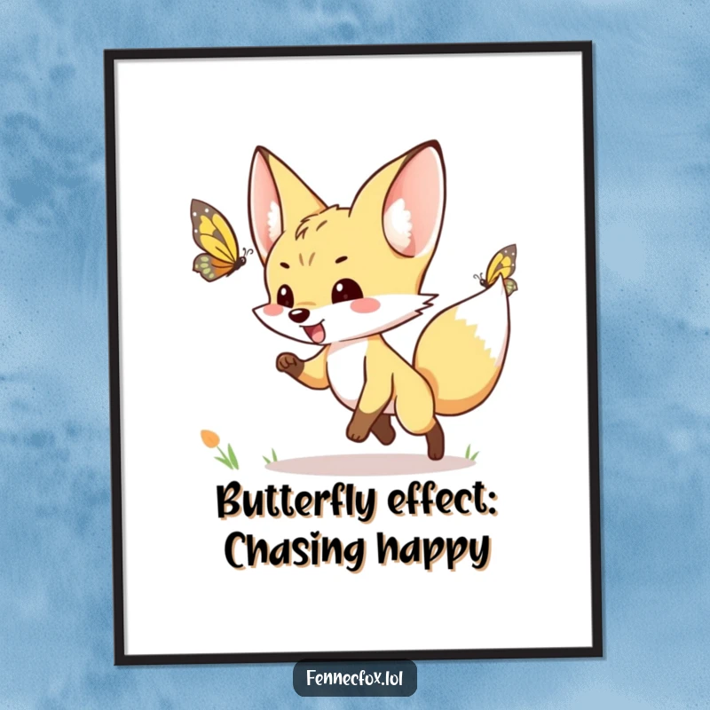 Funny Free Printable Wall Art: Fennec fox character excitedly chasing a fluttering butterfly, depicted with pure delight.